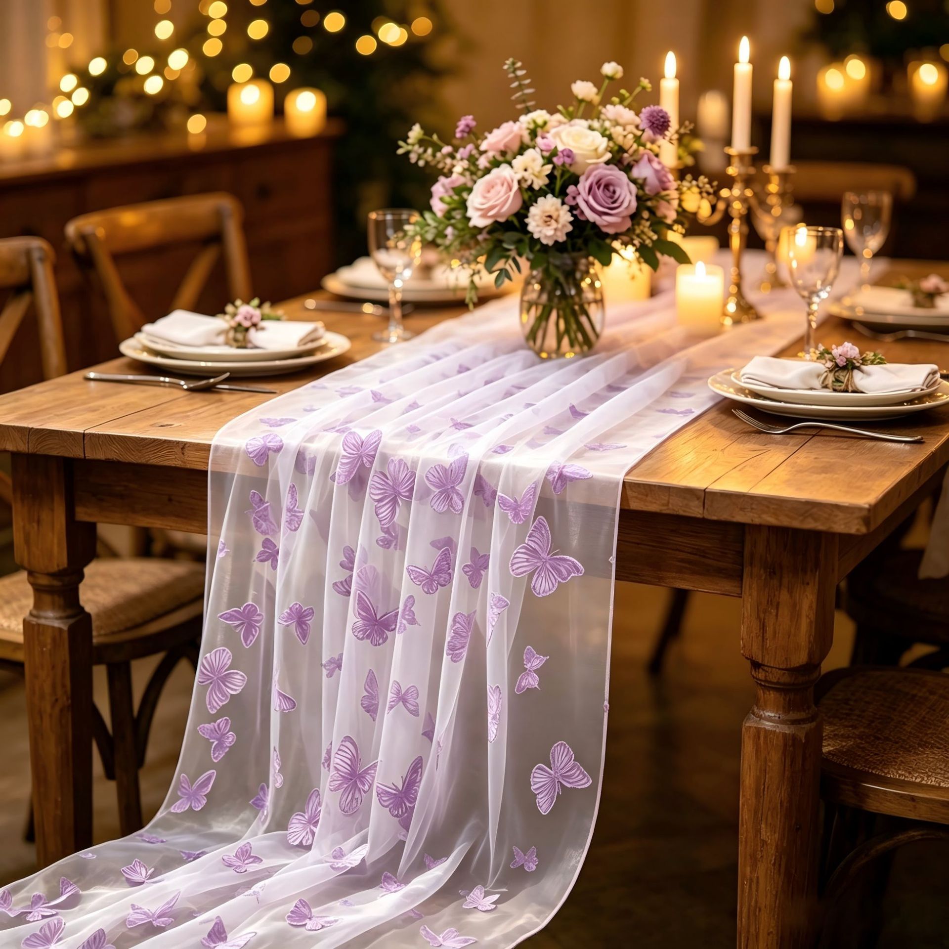 Christmas Table Runner - ナイロンチュールフロッキーバタフライテーブルランナー、プリントテーブルクロスシアーメッシュテーブルデコレーション、結婚式、ガーデンパーティー、ダイニングテーブル用