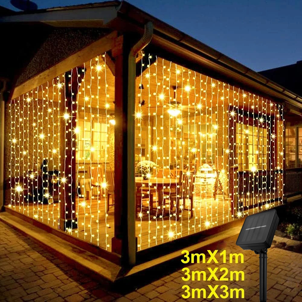 Led Fairy String Lights - 屋外ソーラーカーテンライト 3x3M 300LED ホリデーデコレーション ガーランド 8モード