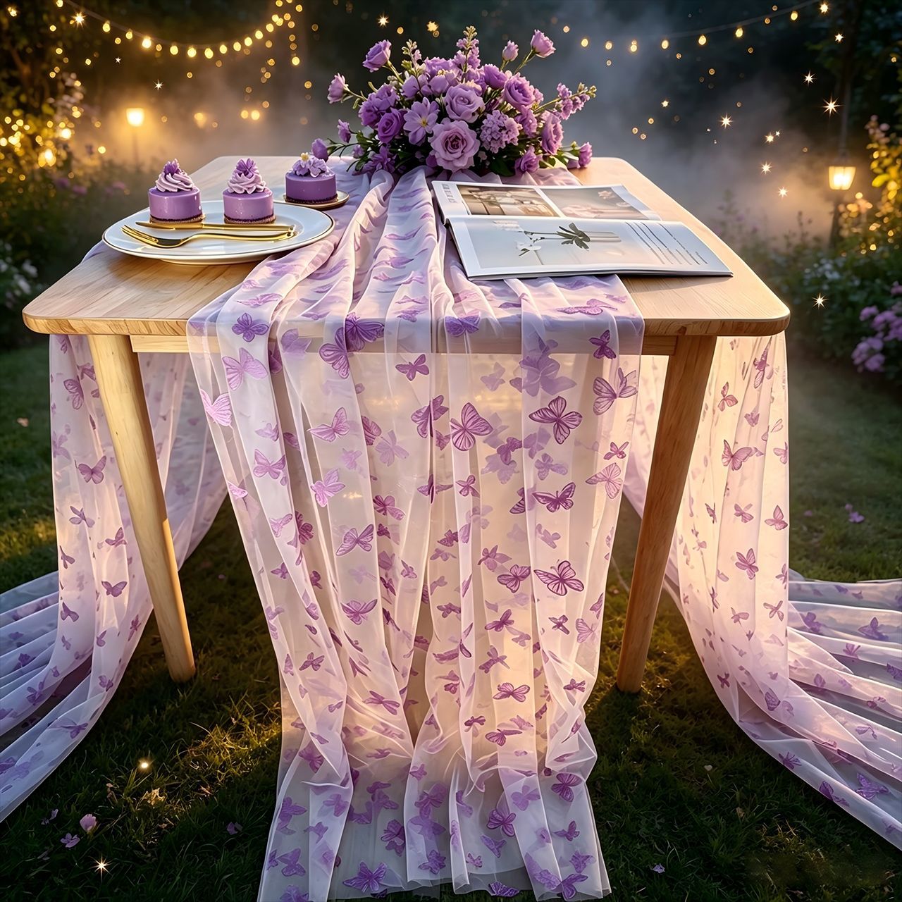 ナイロンチュールフロッキーバタフライテーブルランナー、プリン - Christmas Table Runner のレビューと価格